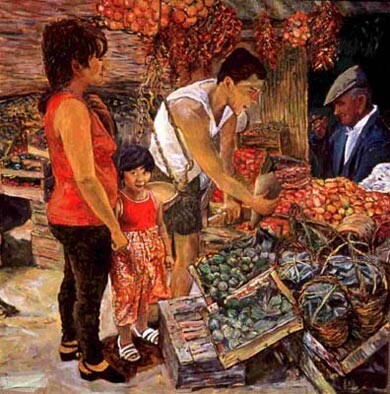 Pintura intitulada "Mercato siciliano n…" por Vesco Rosario, Obras de arte originais, Óleo