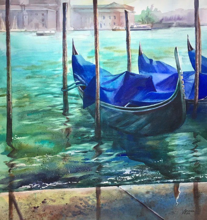 Painting titled "Venetian gondolas.…" by Natalia Veyner, Original Artwork, Watercolor