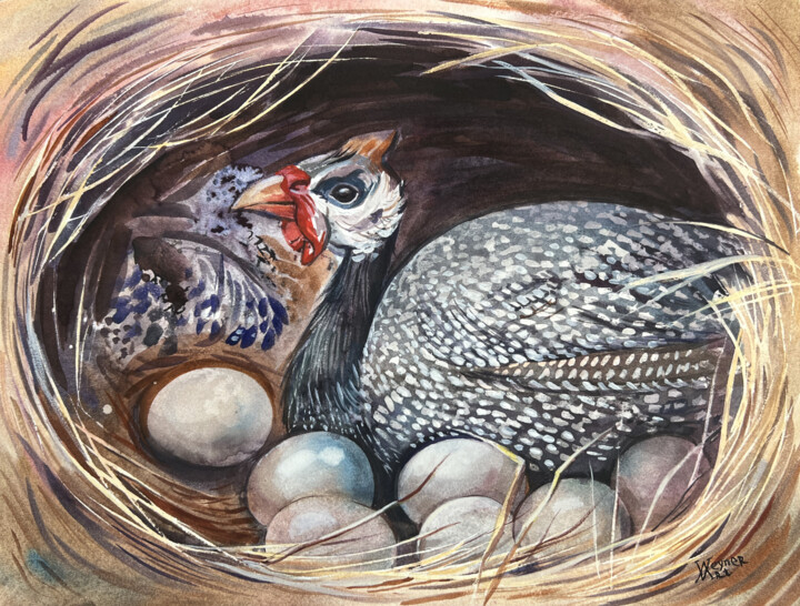 「Guinea fowl in the…」というタイトルの絵画 Natalia Veynerによって, オリジナルのアートワーク, 水彩画