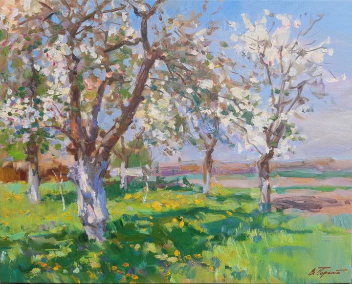 Malarstwo zatytułowany „apple orchard” autorstwa Viacheslaw Pereta, Oryginalna praca, Olej