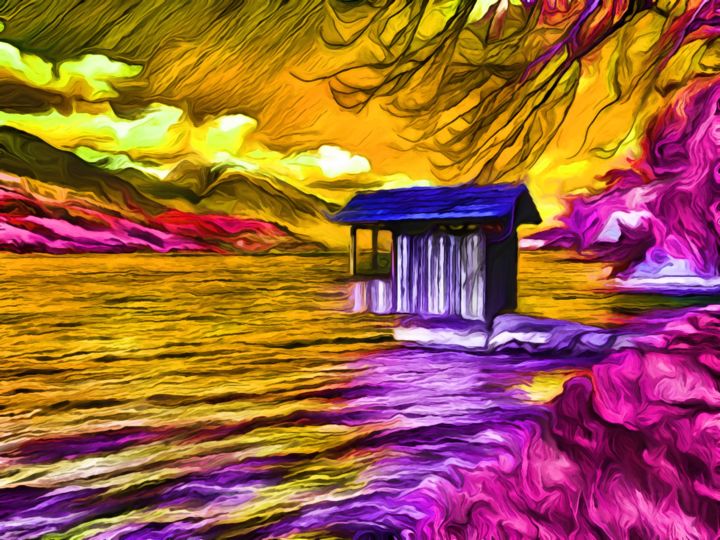 Arte digital titulada "Hut in the Lake" por Viajacobi, Obra de arte original, Pintura Digital