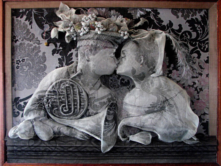 Painting titled "Kiss 3" by Victor Grigoryan, Original Artwork, Wire Mounted on Wood Panel