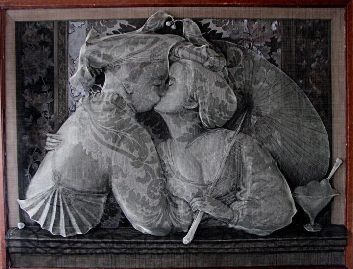 Painting titled "Kiss 4" by Victor Grigoryan, Original Artwork, Wire Mounted on Wood Panel