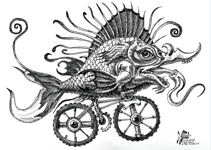 Malarstwo zatytułowany „Fish on a bicycle.…” autorstwa Victor Molev, Oryginalna praca, Atrament