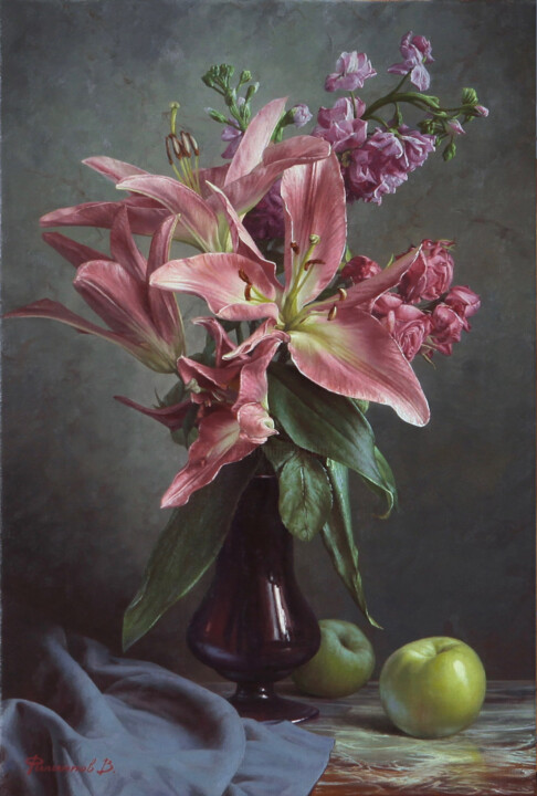 Картина под названием "Красные лилии" - Виктор Филиппов, Подлинное произведение искусства, Масло