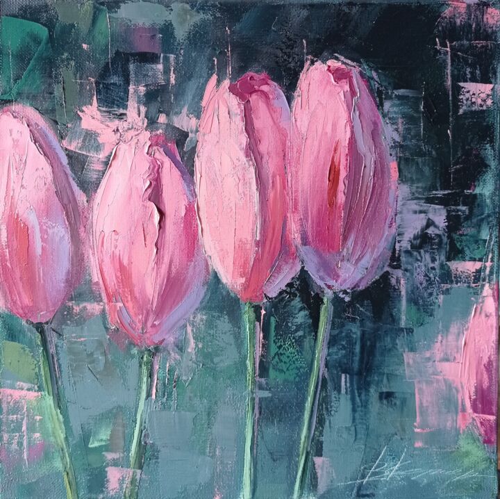 Painting titled "Five tulips, oil on…" by Viktoriia Kerner, Original Artwork, Oil