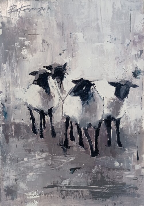Schilderij getiteld ""Sheeps" oil painti…" door Viktoriia Kerner, Origineel Kunstwerk, Olie