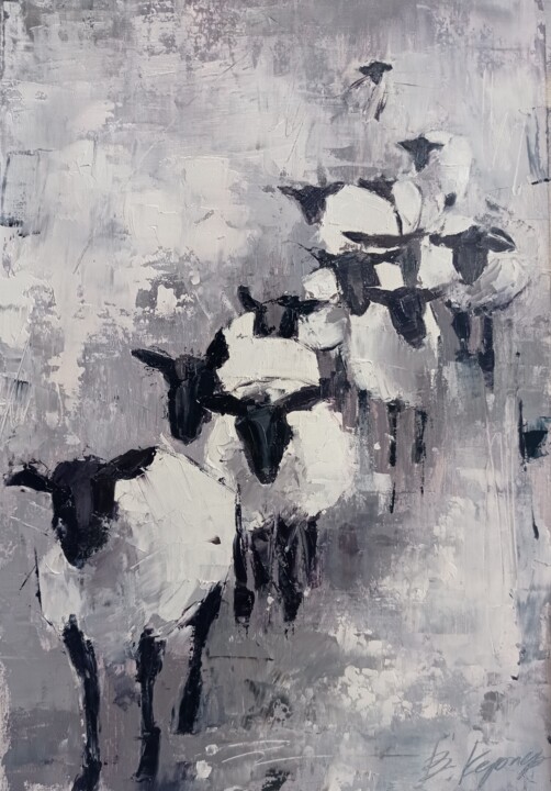 Malerei mit dem Titel ""Sheeps 2" oil pain…" von Viktoriia Kerner, Original-Kunstwerk, Öl