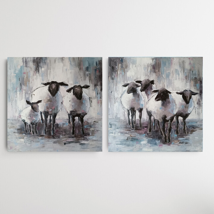 Painting titled "Diptych "Sheeps" oi…" by Viktoriia Kerner, Original Artwork, Oil Mounted on Wood Stretcher frame