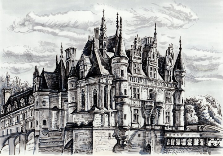Drawing titled "Chenonceau Castle i…" by Viktoriia Malaniuk, Original Artwork, Marker