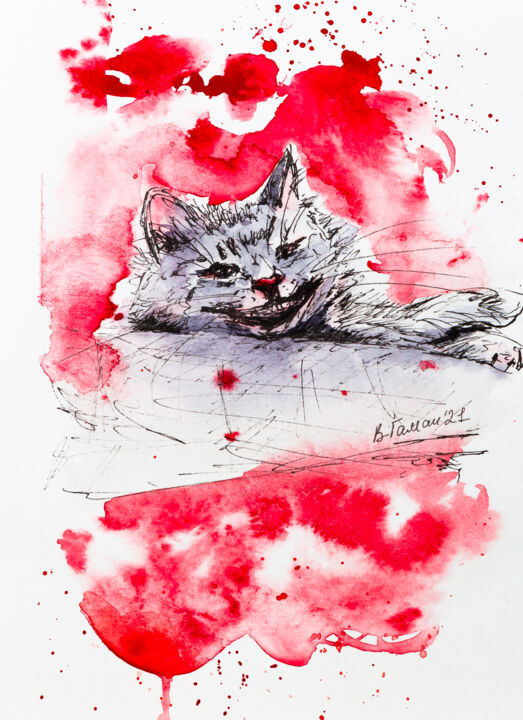 Schilderij getiteld "Cheshire cat from t…" door Viktoriia Gaman, Origineel Kunstwerk, Aquarel