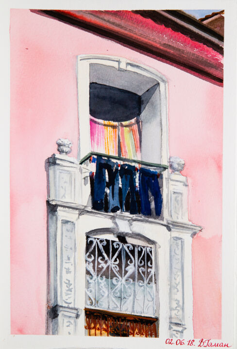 Schilderij getiteld "A beautiful balcony…" door Viktoriia Gaman, Origineel Kunstwerk, Aquarel