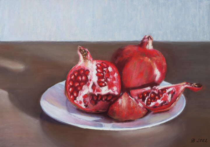 Malerei mit dem Titel "Pomegranates on a P…" von Viktoriya Yakubouskaya, Original-Kunstwerk, Pastell