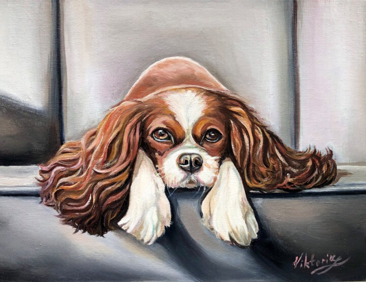 Painting titled "Cavalier dog" by Viktoryia Lautsevich, Original Artwork, Oil