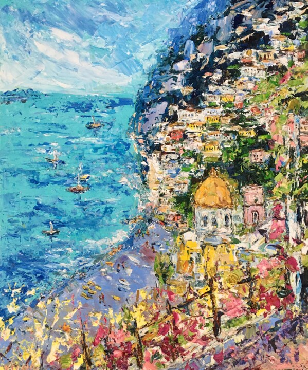 Painting titled "Positano Seascape O…" by Vilma Gataveckiene, Original Artwork, Oil