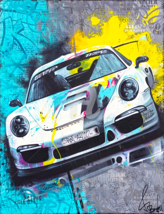 Schilderij getiteld "Porsche Art Car" door Vincent Bardou, Origineel Kunstwerk, Olie Gemonteerd op Frame voor houten brancard