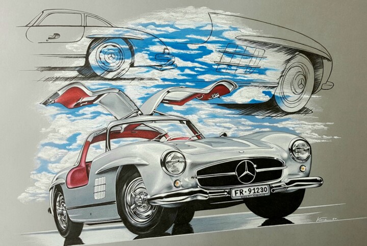 Dessin intitulée "Mercedes 300sl" par Vincent Christan, Œuvre d'art originale, Crayon