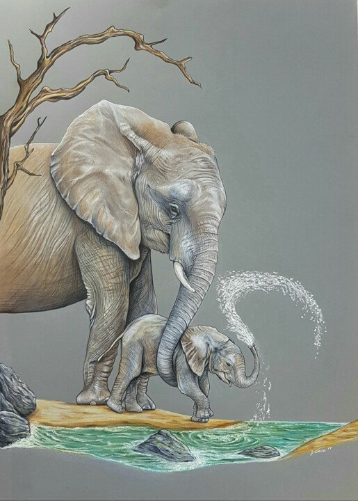 Dessin intitulée "L'éléphant et son P…" par Vincent Christan, Œuvre d'art originale, Crayon