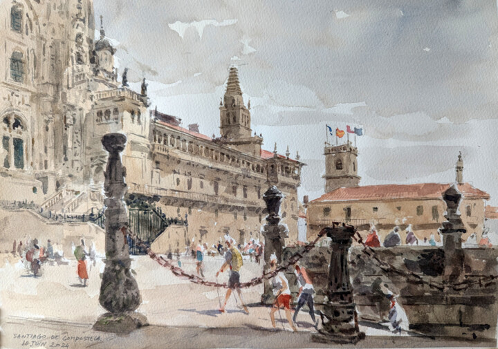 Pintura titulada "Praza do Obradoiro…" por Vincent Monluc, Obra de arte original, Acuarela
