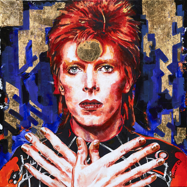 Malerei mit dem Titel "Ziggy Stardust Icon…" von Vincent Vee, Original-Kunstwerk, Acryl