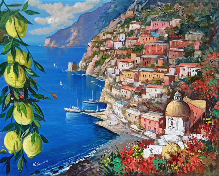 绘画 标题为“Lemons & flowers -…” 由Vincenzo Somma, 原创艺术品, 油 安装在木质担架架上