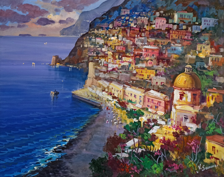 绘画 标题为“Sunset on the coast…” 由Vincenzo Somma, 原创艺术品, 油 安装在木质担架架上