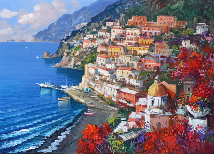 Painting titled "Flowery coast view…" by Vincenzo Somma, Original Artwork, Oil Mounted on Wood Stretcher frame