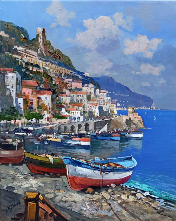 Pintura intitulada "Boats on the beach…" por Vincenzo Somma, Obras de arte originais, Óleo Montado em Armação em madeira