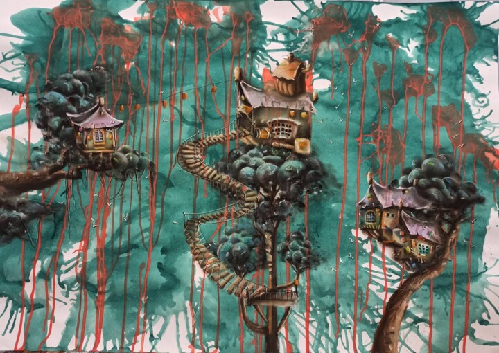 Peinture intitulée "Tree houses" par Vira Chernetska, Œuvre d'art originale, Pastel