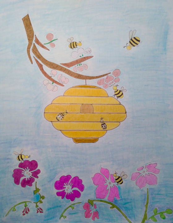 Dessin intitulée "Bees Knees" par Sara Lamothe (Savant Artist), Œuvre d'art originale, Marqueur