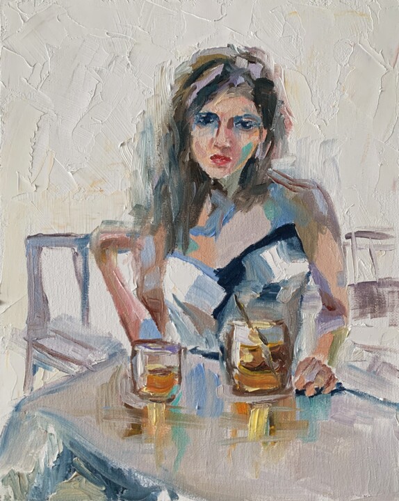 Peinture intitulée "Woman in cafe. #5" par Vita Schagen, Œuvre d'art originale, Huile Monté sur Carton