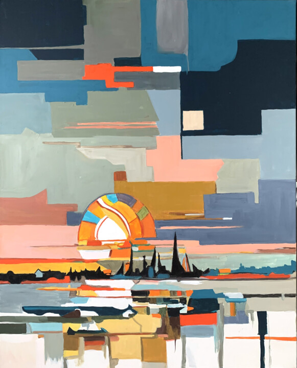 Pintura titulada "Sunset in a city. A…" por Vita Schagen, Obra de arte original, Acrílico Montado en Bastidor de camilla de…