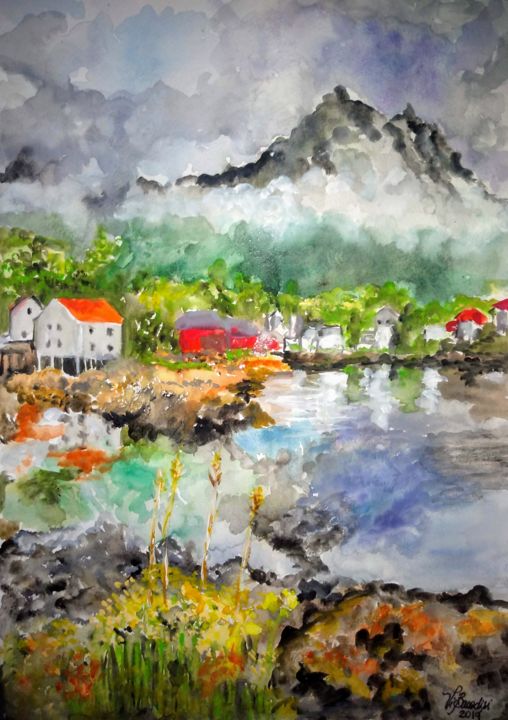 Peinture intitulée ""Cores da Noruega"" par Vi Bacadisi, Œuvre d'art originale, Aquarelle