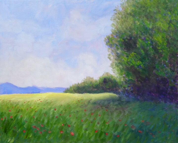 Painting titled "Morning on Poppy Fi…" by Vladimir Kristinkov, Original Artwork, Oil