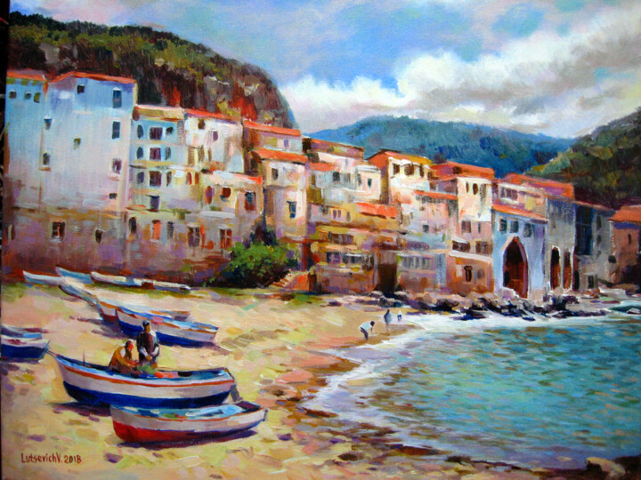 Pittura intitolato "City by the sea" da Vladimir Lutsevich, Opera d'arte originale, Acrilico