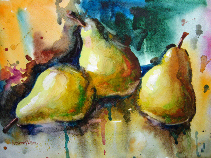 Pintura intitulada "Pears on abstract b…" por Vladimir Lutsevich, Obras de arte originais, Aquarela