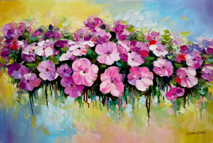 Painting titled "Petunia flowers" by Vladimir Lutsevich, Original Artwork, Oil