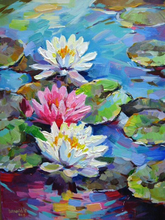 Malerei mit dem Titel "Water lilies on the…" von Vladimir Lutsevich, Original-Kunstwerk, Acryl