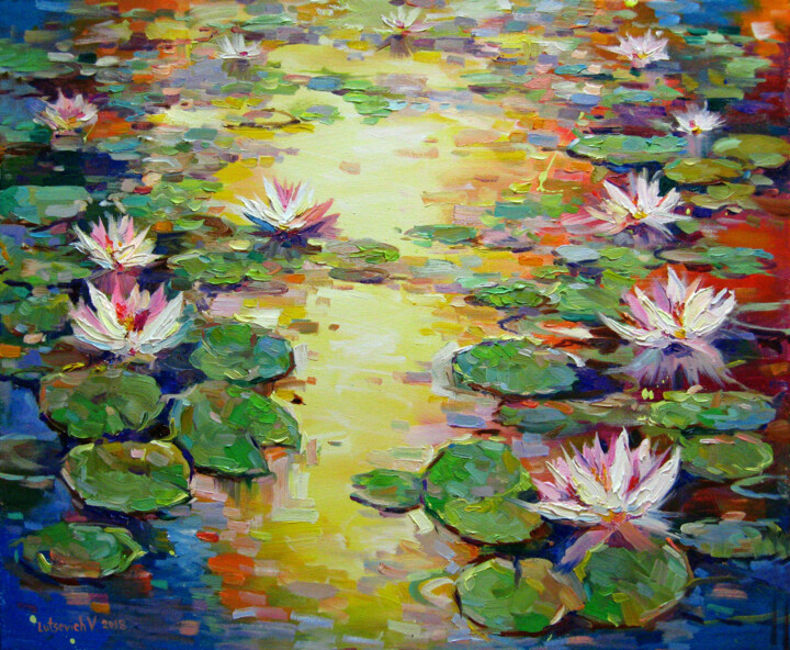 Peinture intitulée "Evening pond with l…" par Vladimir Lutsevich, Œuvre d'art originale, Huile