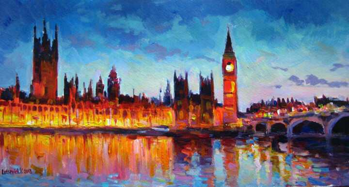 Pittura intitolato "Evening lights of L…" da Vladimir Lutsevich, Opera d'arte originale, Acrilico