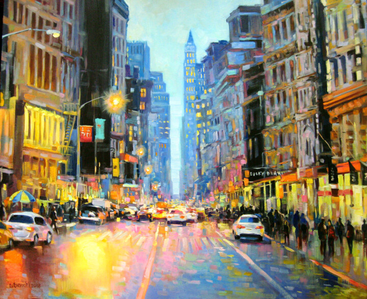 Pintura intitulada "Evening city new Yo…" por Vladimir Lutsevich, Obras de arte originais, Óleo