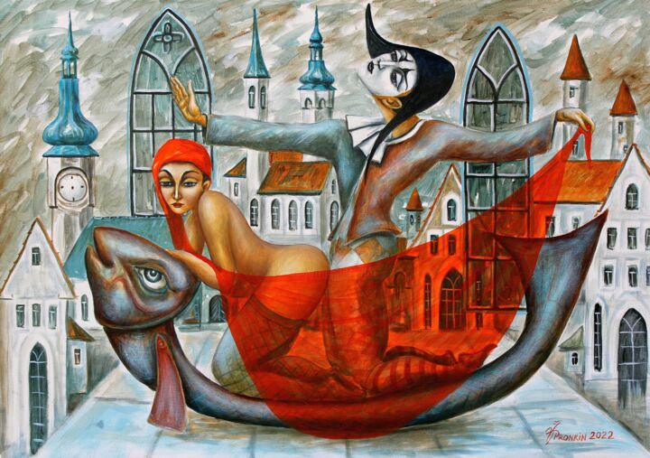Malerei mit dem Titel "RED SAIL" von Vladimir Pronkin, Original-Kunstwerk, Öl