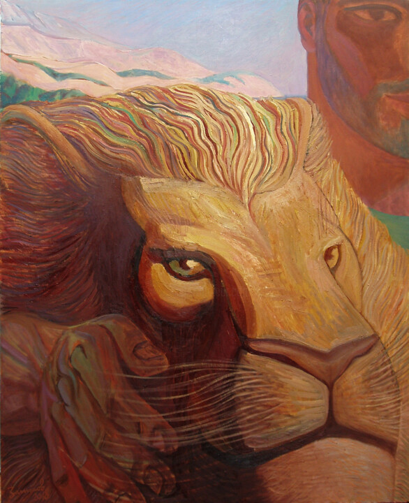 Pittura intitolato "Man and Lion" da Vladimir Zagitov, Opera d'arte originale, Olio