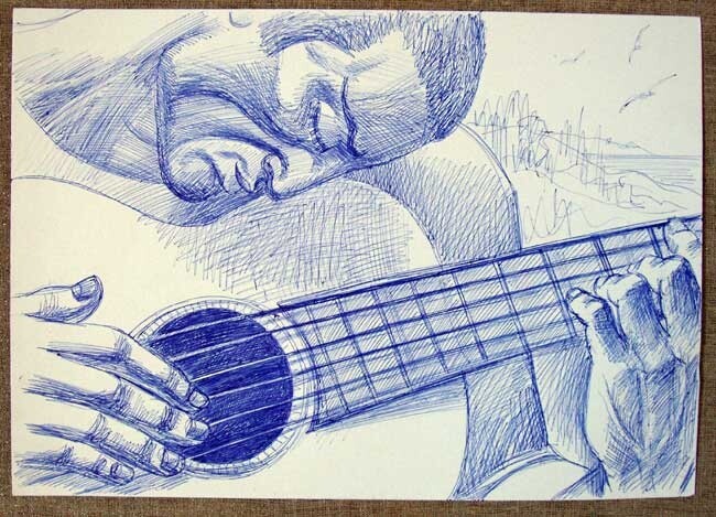 Dibujo titulada "Guitarist" por Vladimir Zagitov, Obra de arte original, Bolígrafo
