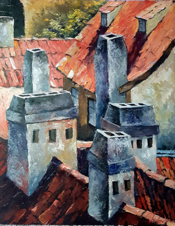 Malarstwo zatytułowany „Old chimneys” autorstwa Vladislav Dmitrijev, Oryginalna praca, Olej
