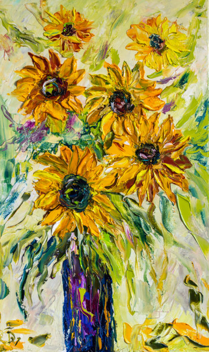 Painting titled "Sunflower bouquet" by Vladyslav Durniev, Original Artwork, Oil Mounted on Wood Stretcher frame