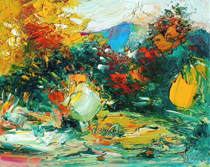 Painting titled "Abstract Autumn Pan…" by Vlas Ayvazyan, Original Artwork, Oil Mounted on Wood Stretcher frame