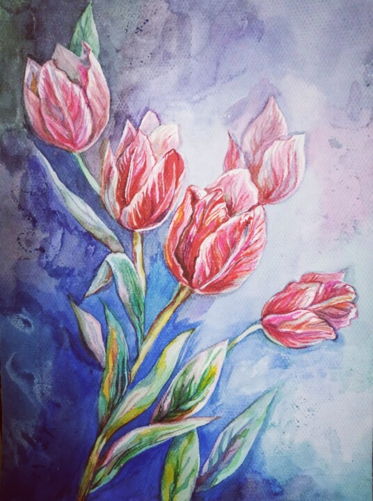 Painting titled "Tender  tulips" by Volha Trus, Original Artwork, Watercolor
