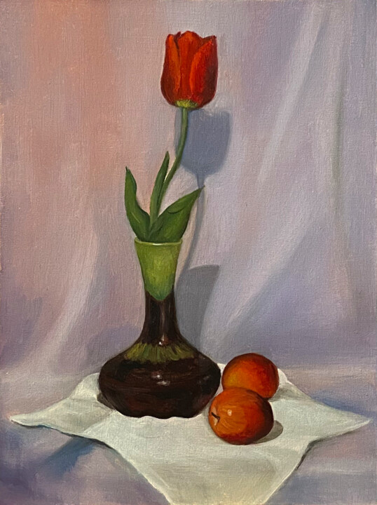 Malerei mit dem Titel "STILL LIFE WITH TUL…" von Voskresenskaya, Original-Kunstwerk, Öl Auf Karton montiert