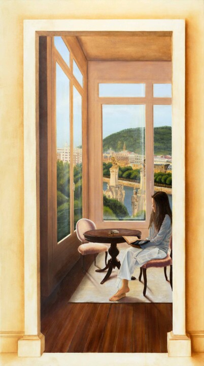 Painting titled "Vista de San Sebast…" by Vuhed, Original Artwork, Oil Mounted on Wood Stretcher frame